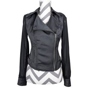 Guess Black Y2K Jacket Extra Small XS Sheer Sleeve Satin Look Cropped Moto